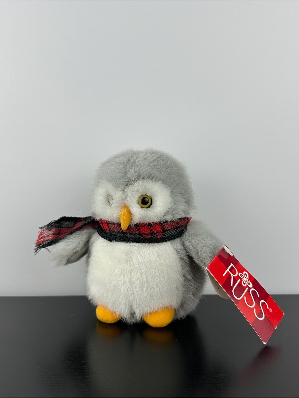 Russ Berrie Lil Softies Otis Owl 6” Red Plaid Winter Scarf Gray White Plush NWT